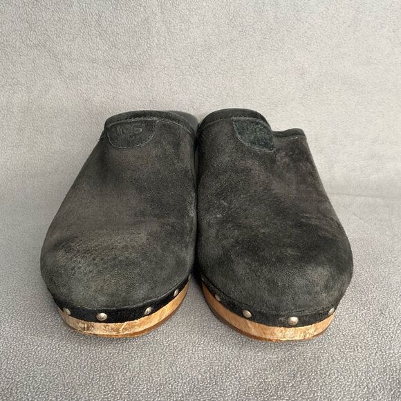 UGG Australia Womens Black Suede Leather Abbie Studded Wooden Clog Mules Size 7 - Picture 2 of 12